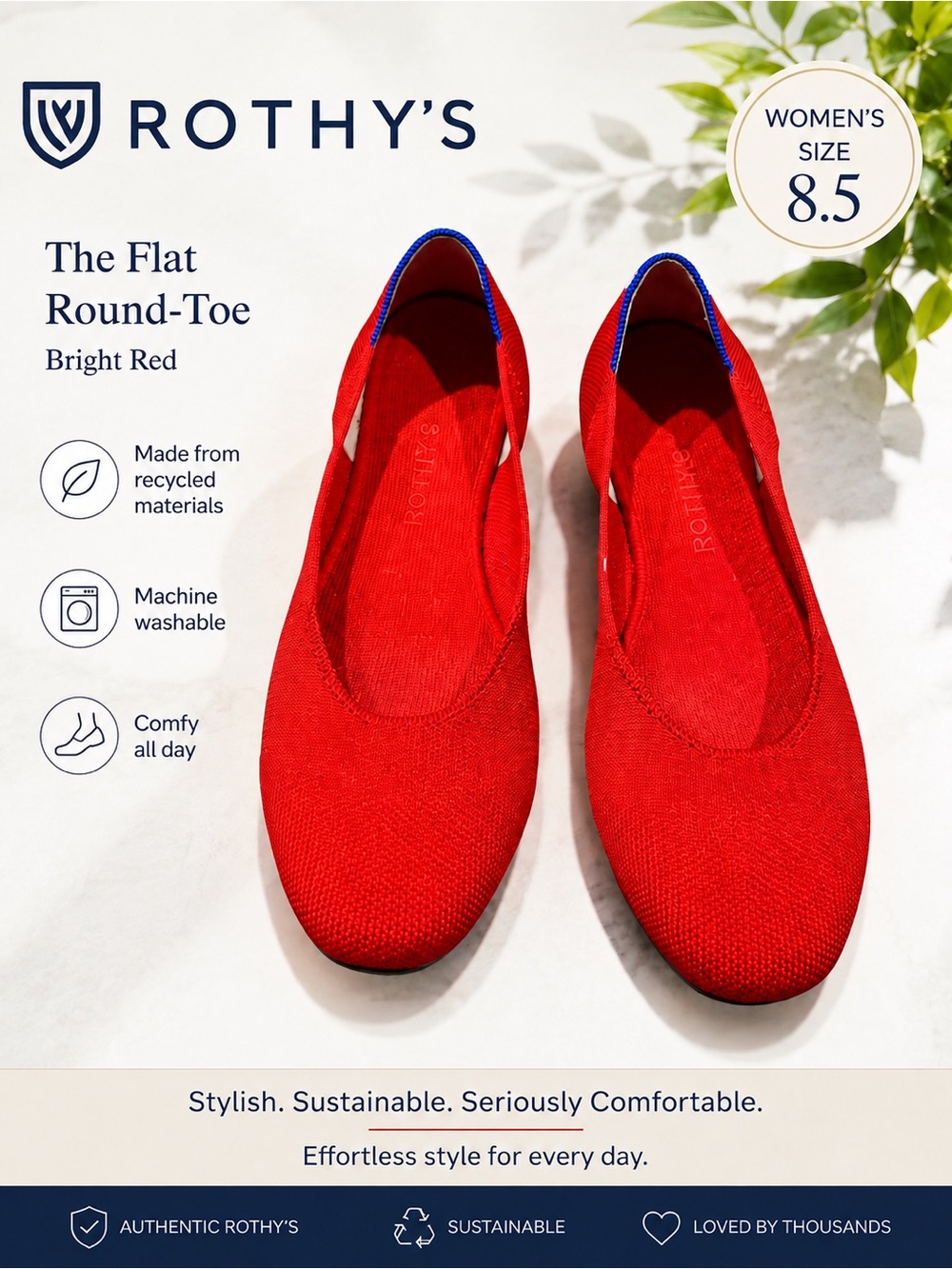 Rothy's The Flat Round-Toe Ballet Flat - Bright Red with Blue Trim
